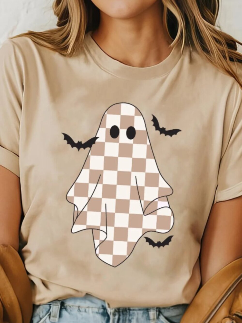 Khaki Ghost Bat Halloween Holiday Graphic Tee
